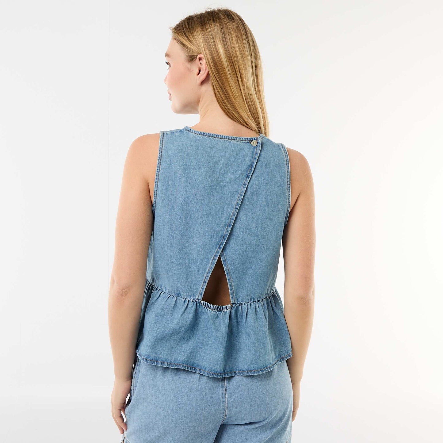 Blouse peplum en jean sans manches BLEU