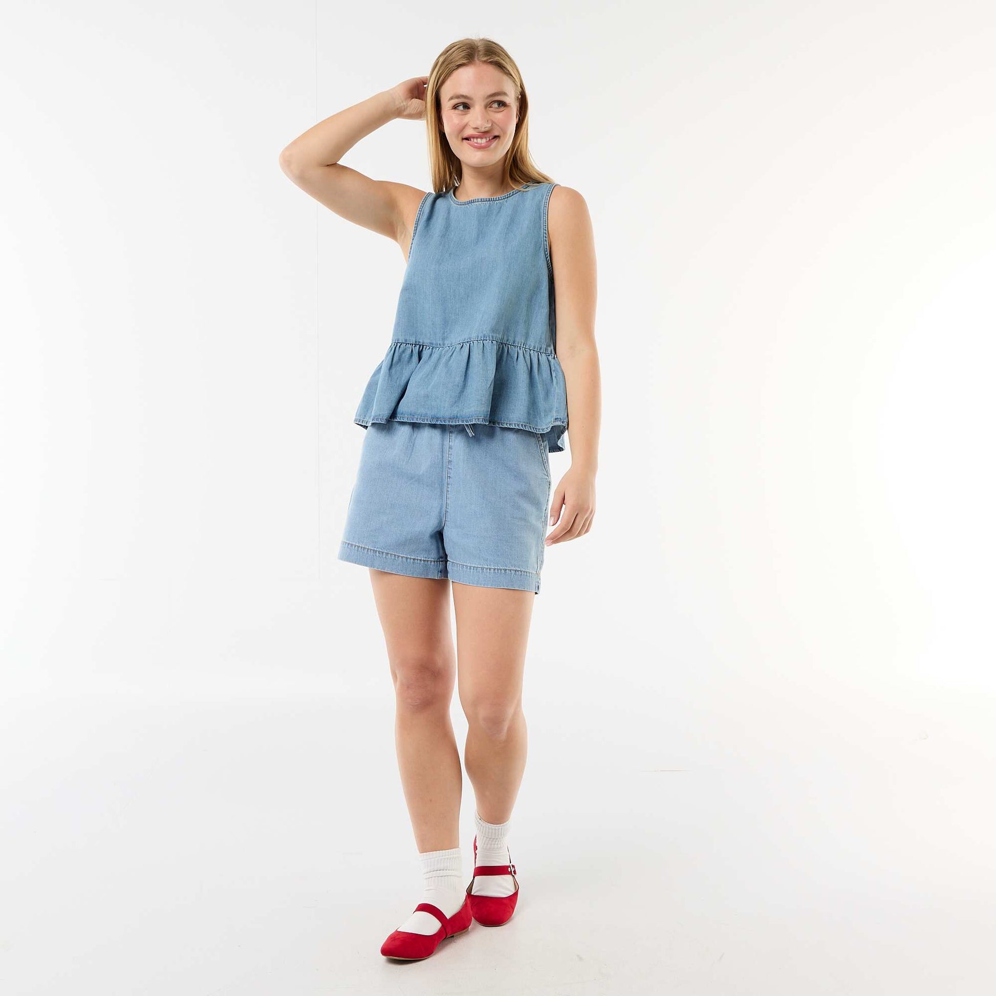 Blouse peplum en jean sans manches BLEU