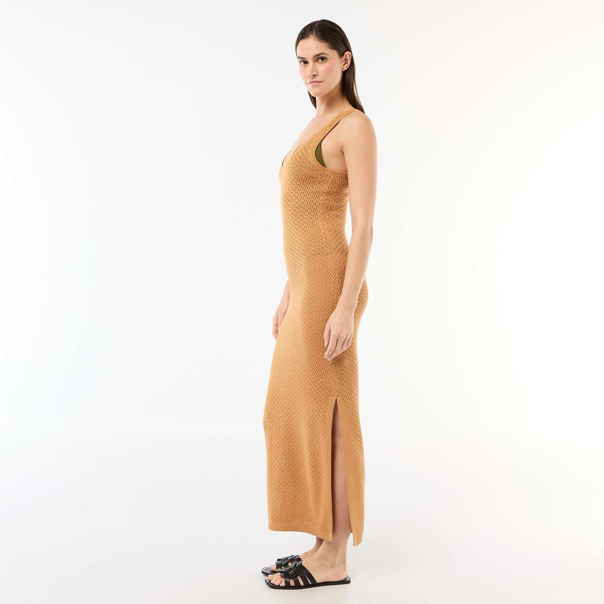 Robe longue de plage en maille crochet MARRON