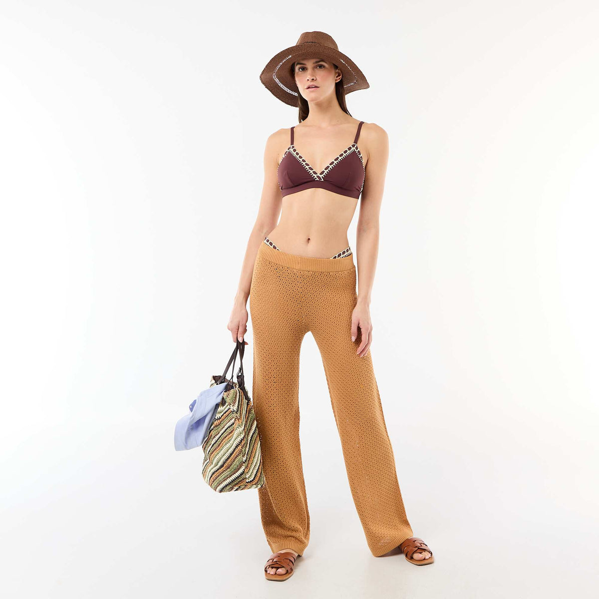Pantalon de plage en maille crochet MARRON