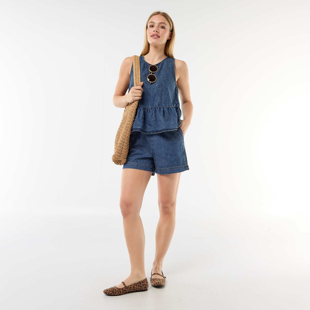 Short en jean à taille élastiqué BLEU