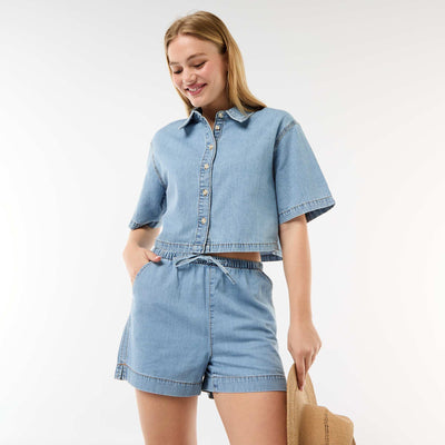 Short en jean à taille élastiqué BLEU