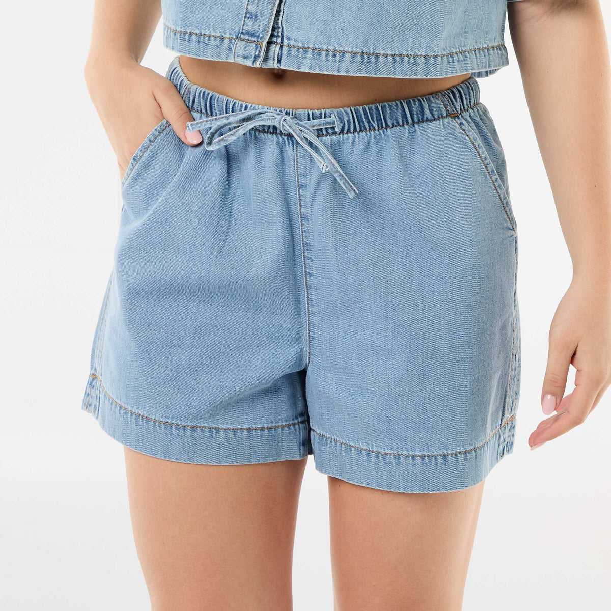 Short en jean à taille élastiqué BLEU