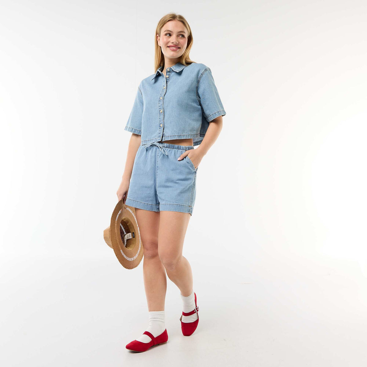 Short en jean à taille élastiqué BLEU