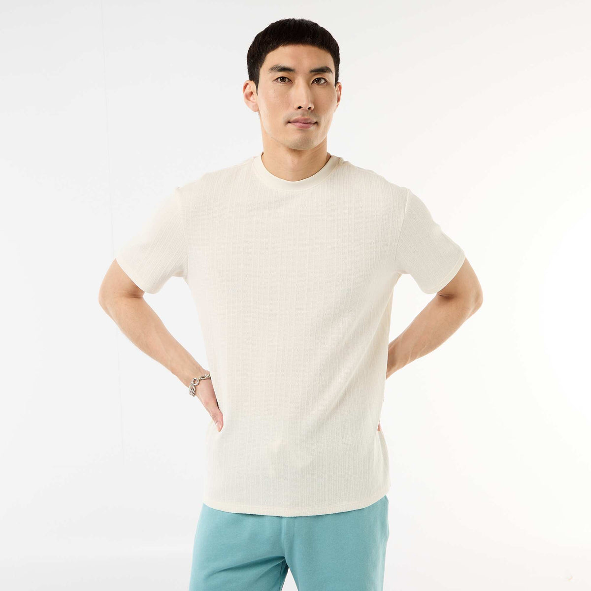 T-shirt uni à manches courtes en maille fantaisie BLANC
