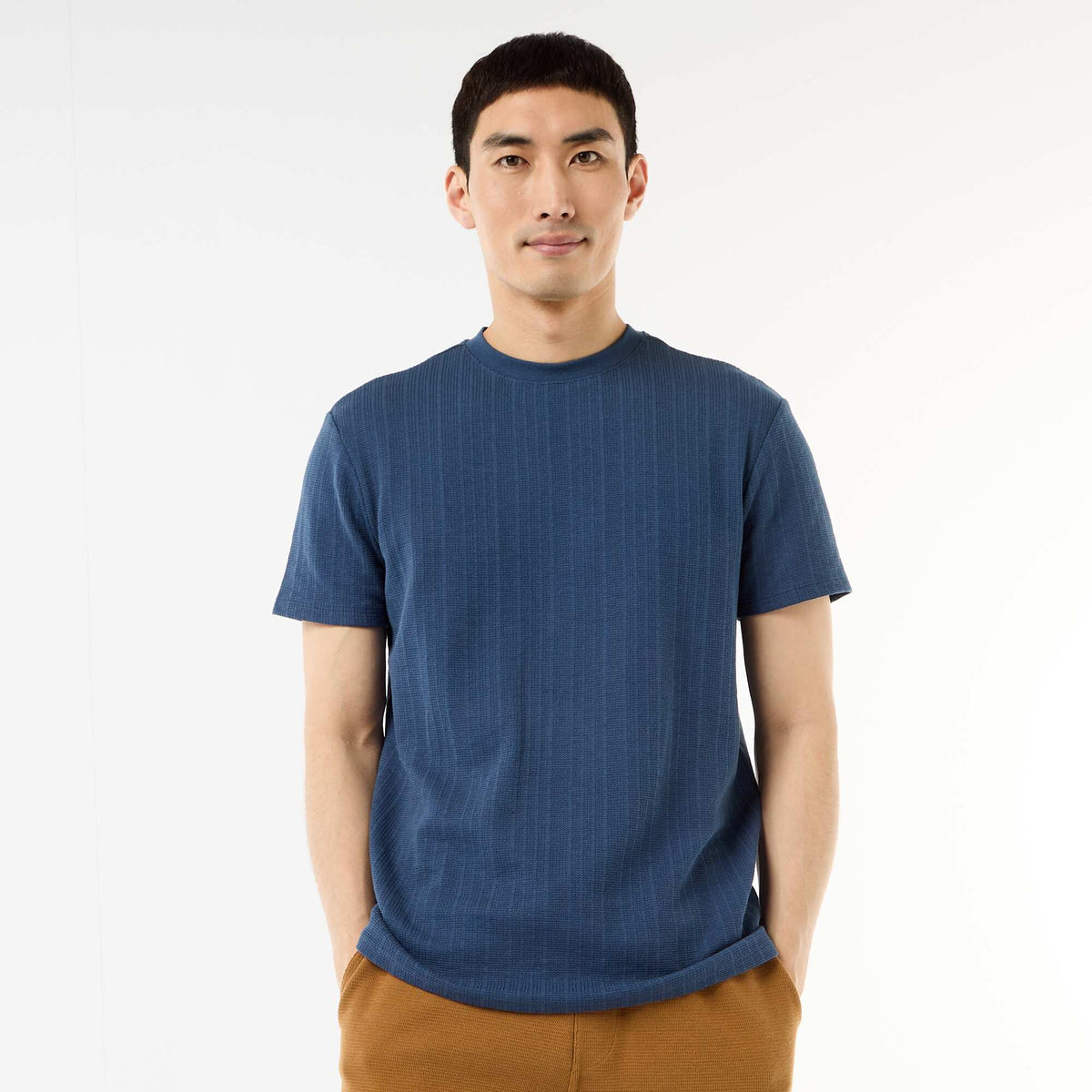 T-shirt uni à manches courtes en maille fantaisie BLEU