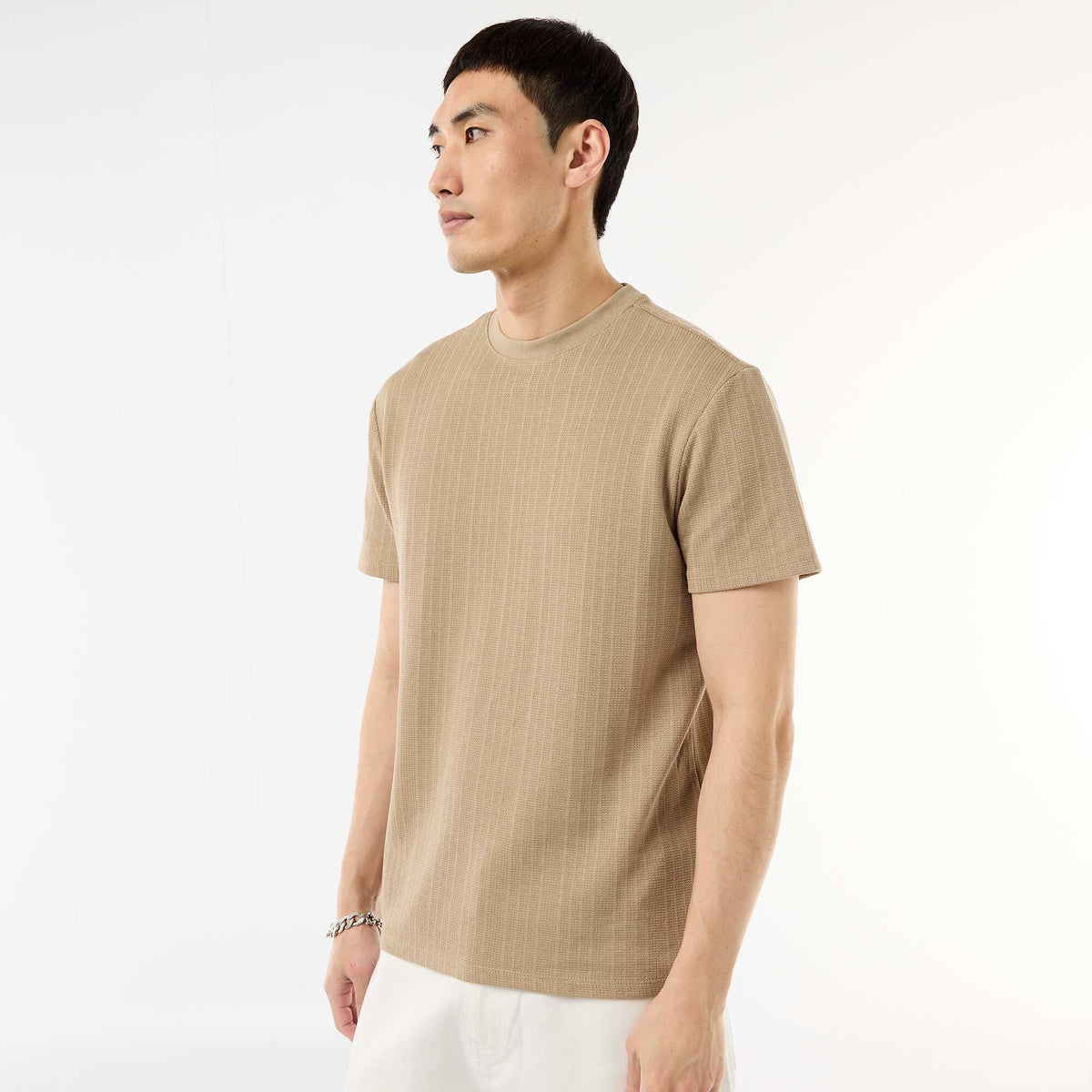 T-shirt uni à manches courtes en maille fantaisie BEIGE