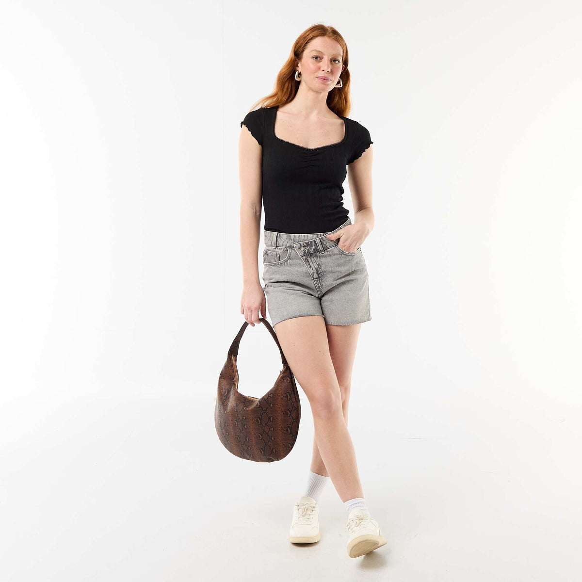 Short en jean taille haute GRIS
