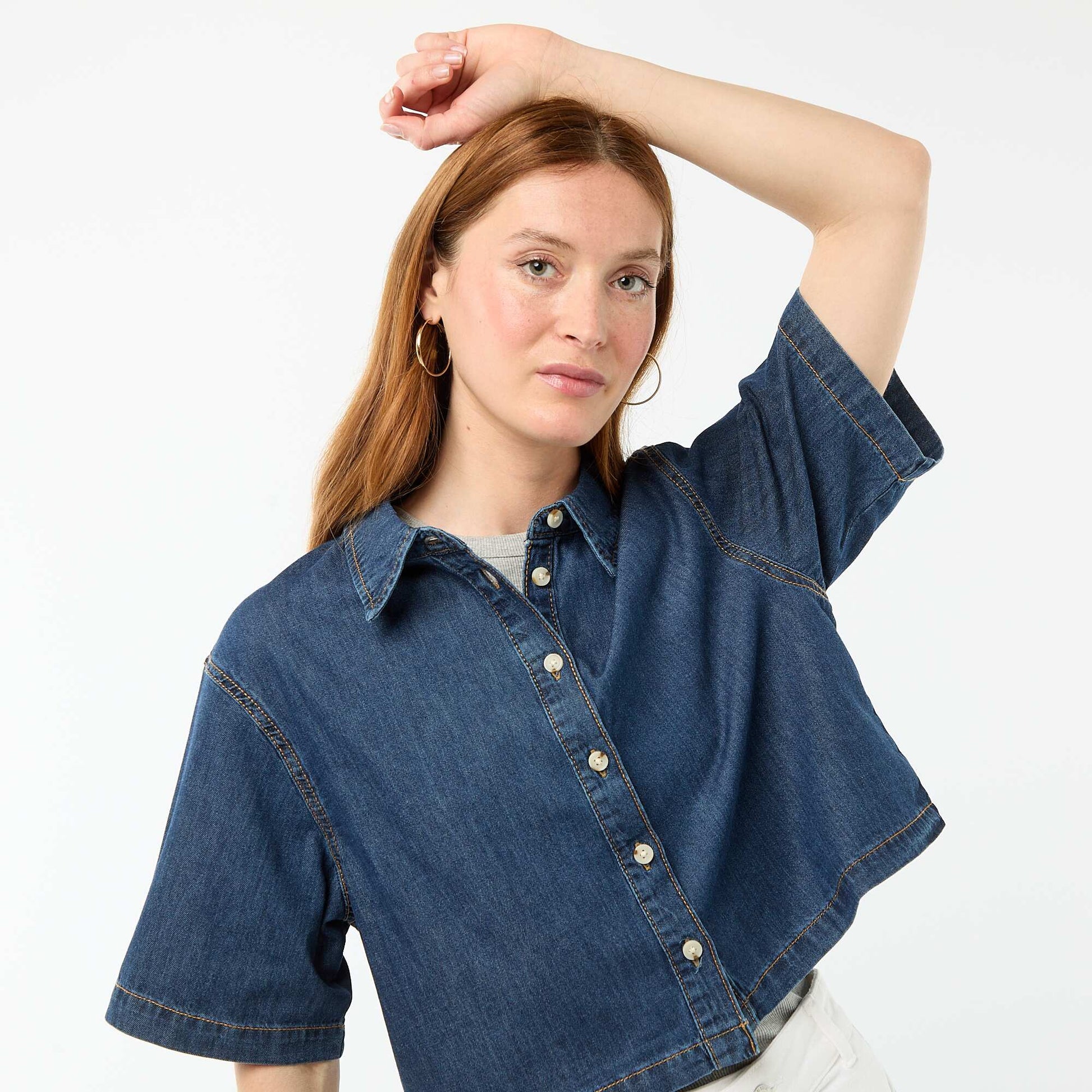 Chemisier en jean avec manches 3/4 BLEU