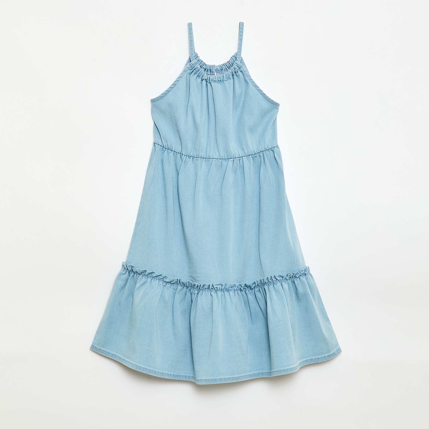 Robe unie à bretelles et volants BLEU