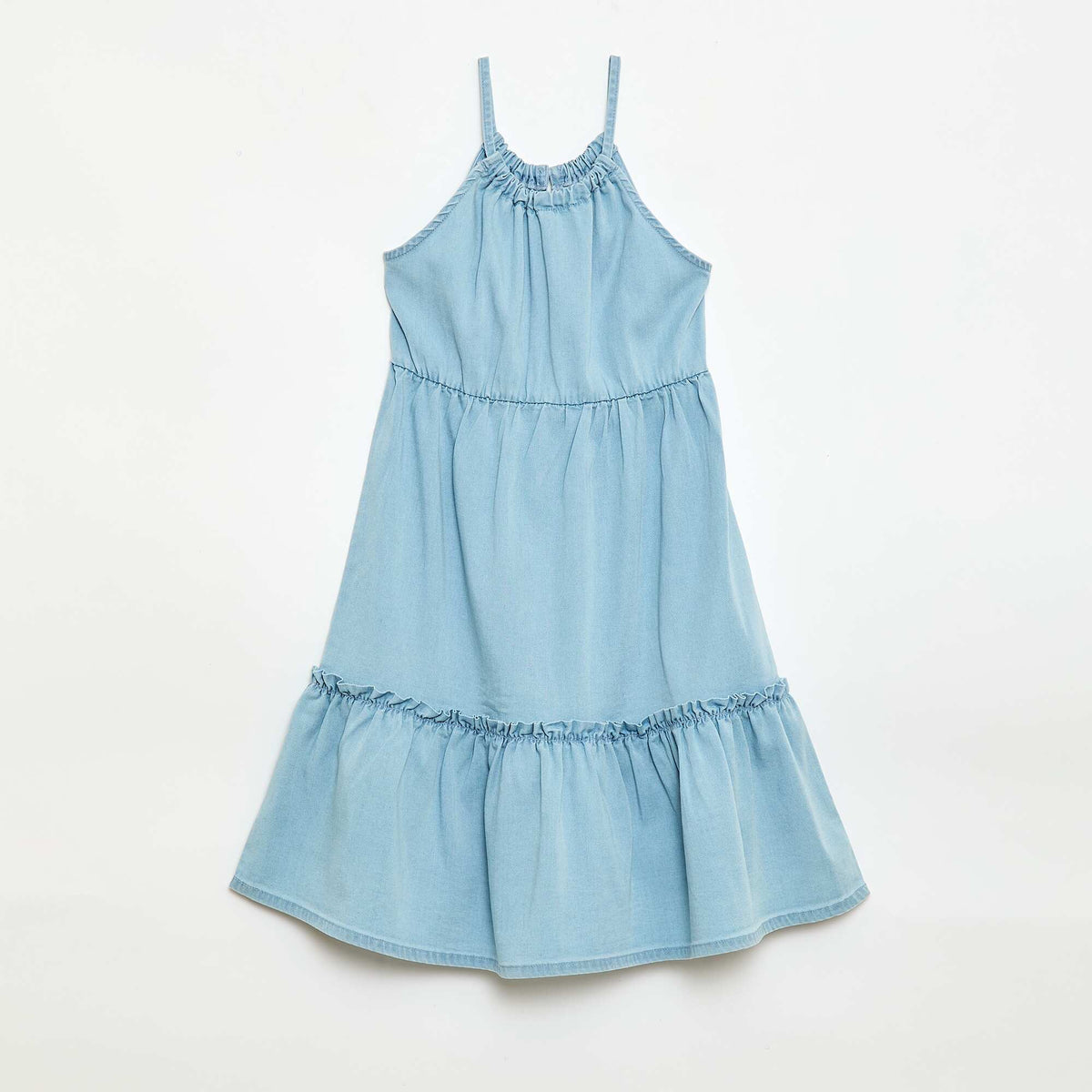 Robe unie à bretelles et volants BLEU