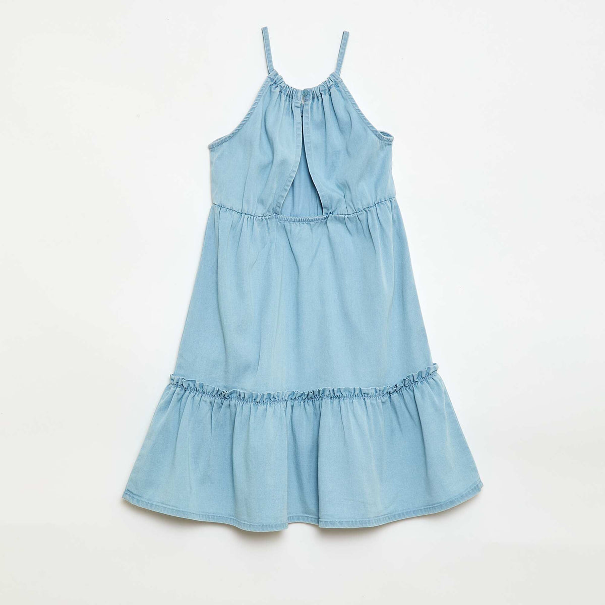Robe unie à bretelles et volants BLEU