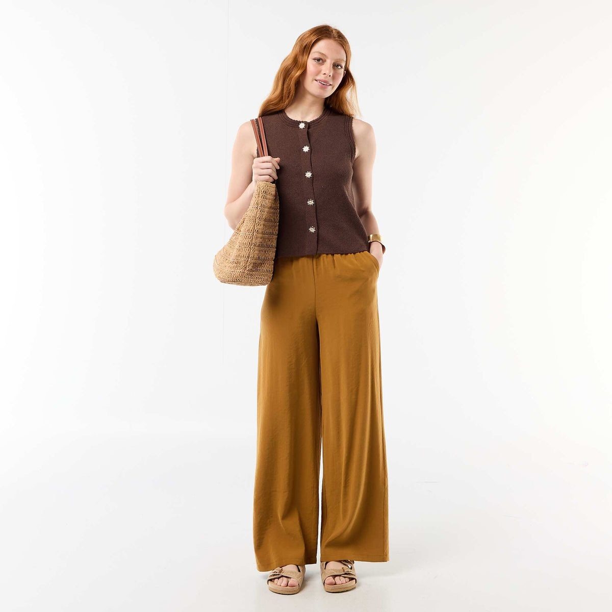 Pantalon large femme à taille élastiquée et lien à nouer MARRON