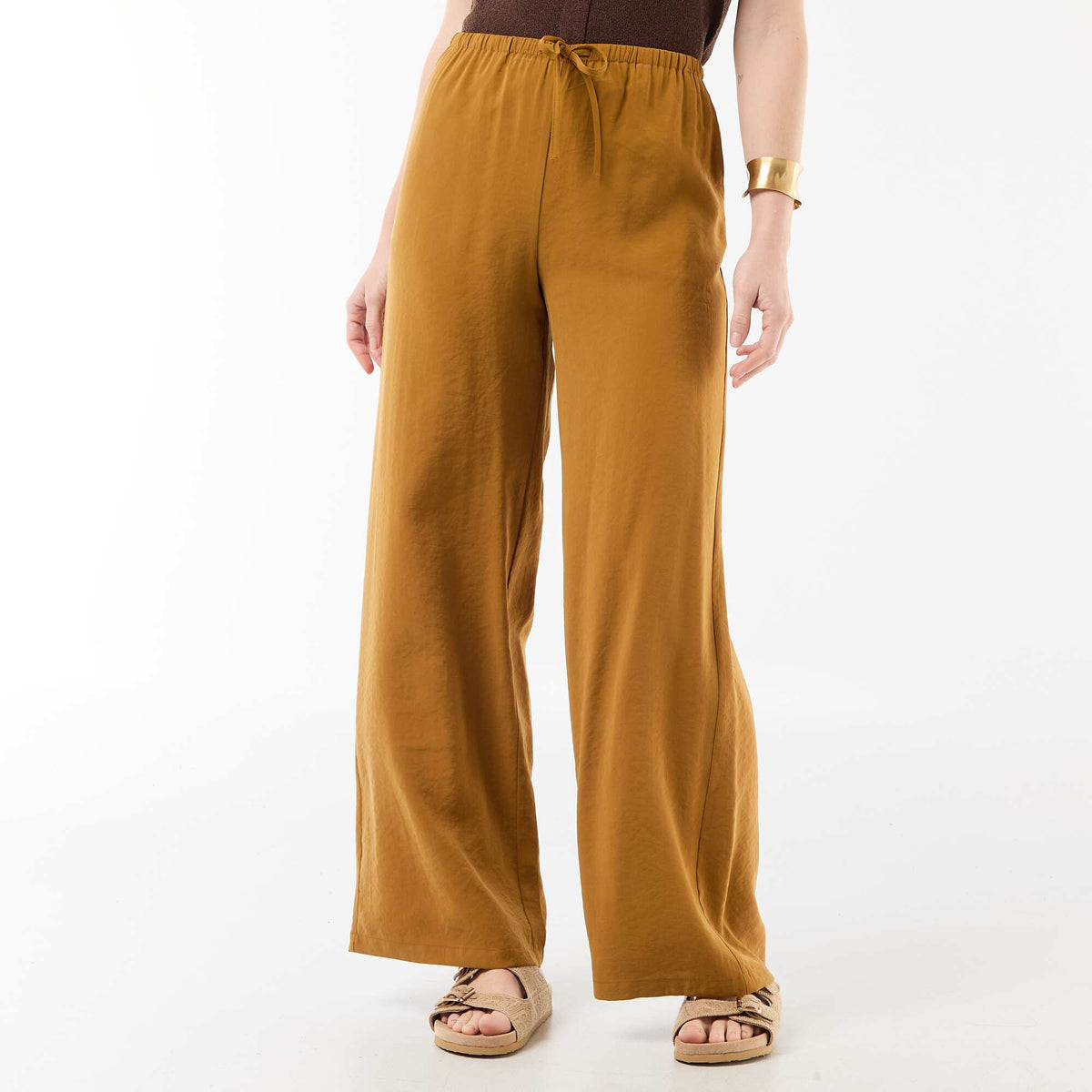 Pantalon large femme à taille élastiquée et lien à nouer MARRON