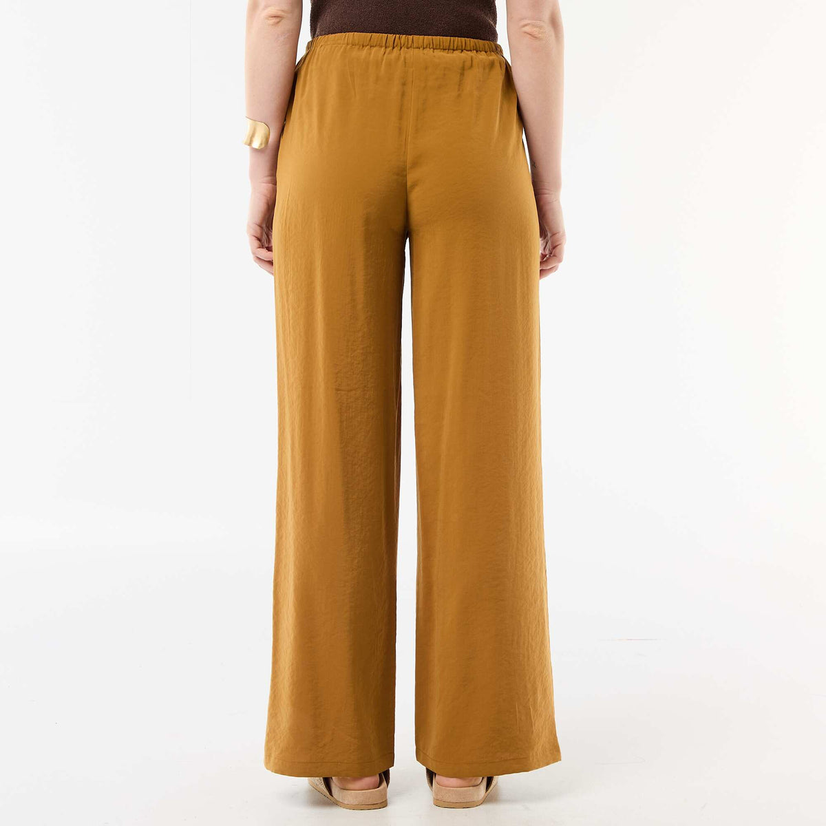 Pantalon large femme à taille élastiquée et lien à nouer MARRON