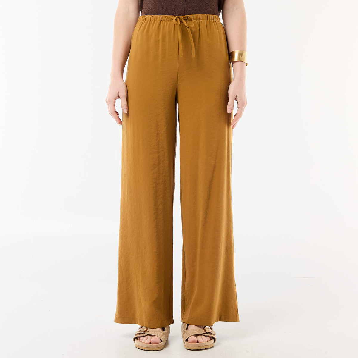 Pantalon large femme à taille élastiquée et lien à nouer MARRON
