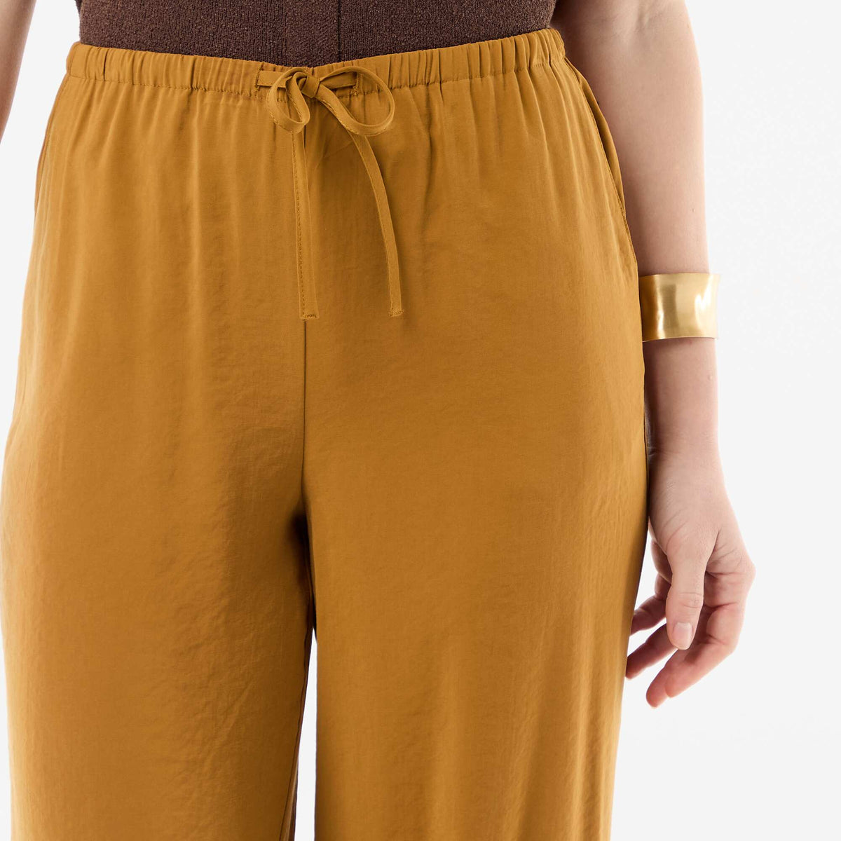Pantalon large femme à taille élastiquée et lien à nouer MARRON