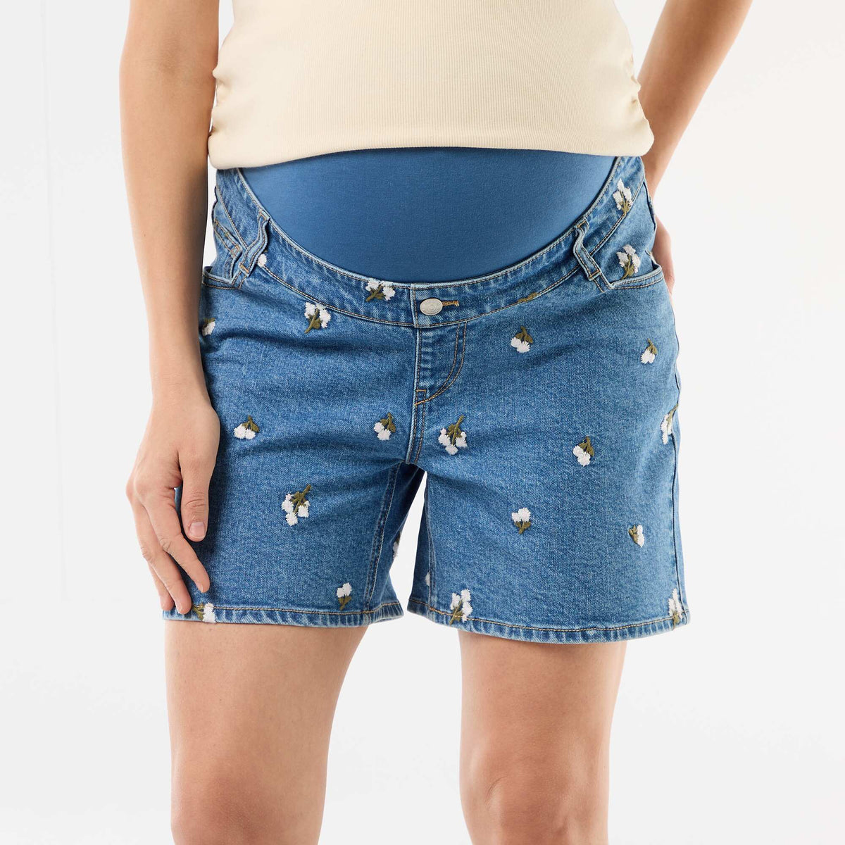 Bermuda en jean taille haute de maternité avec broderies BLEU