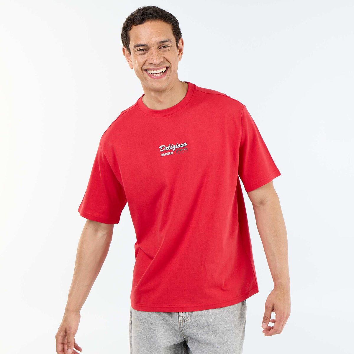 T-shirt homme en coton à motif placé et col rond ROUGE