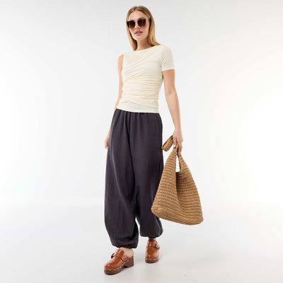 Pantalon large femme taille élastiquée à bas resserré GRIS