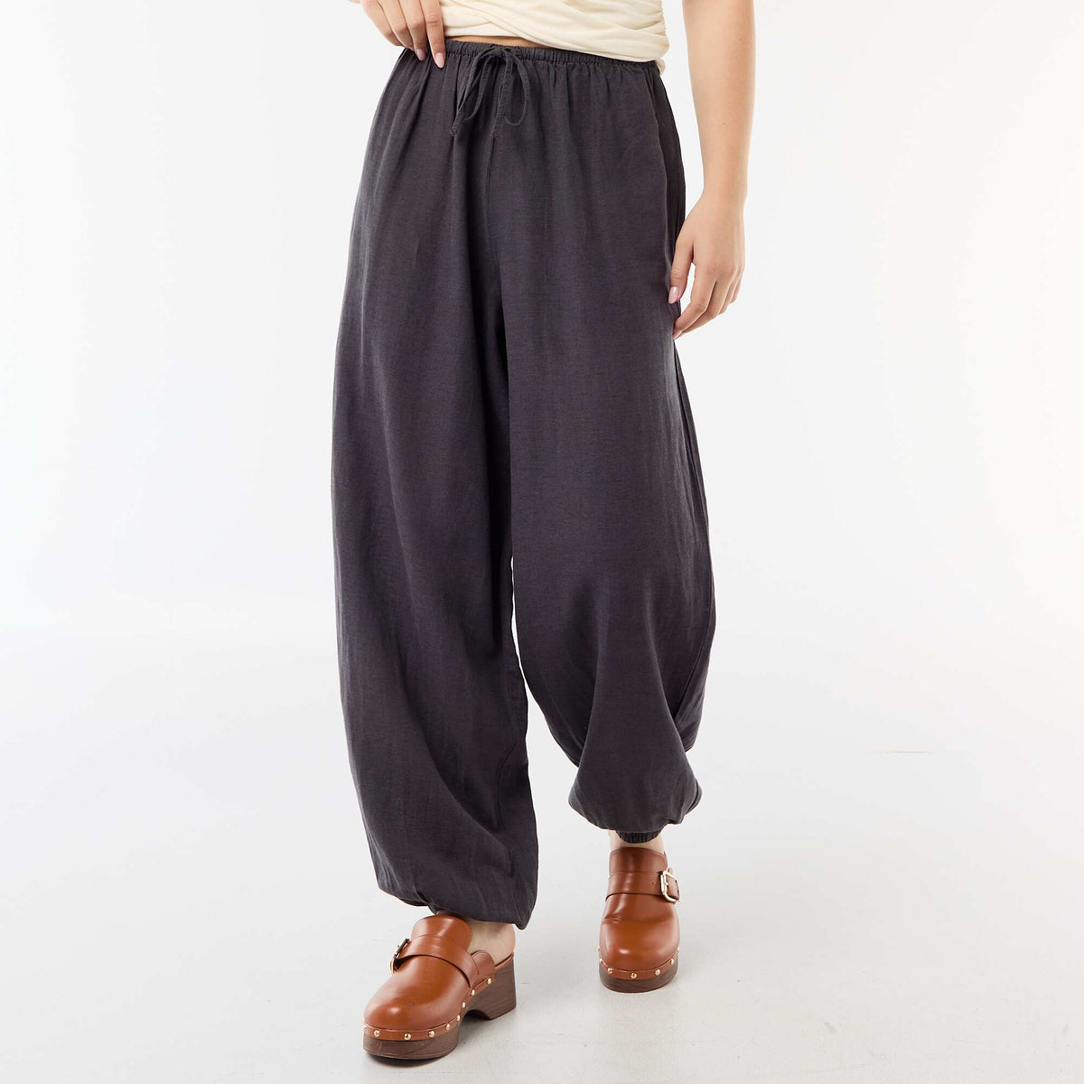 Pantalon large femme taille élastiquée à bas resserré GRIS