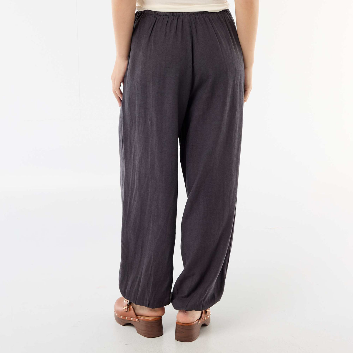 Pantalon large femme taille élastiquée à bas resserré GRIS