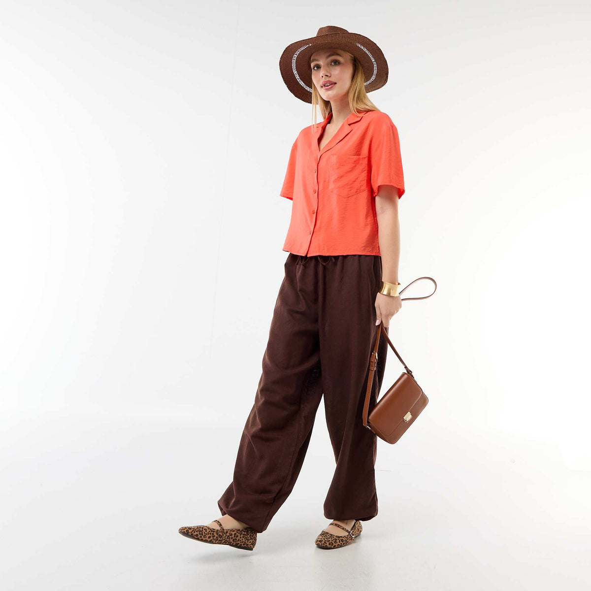 Pantalon large femme taille élastiquée à bas resserré MARRON
