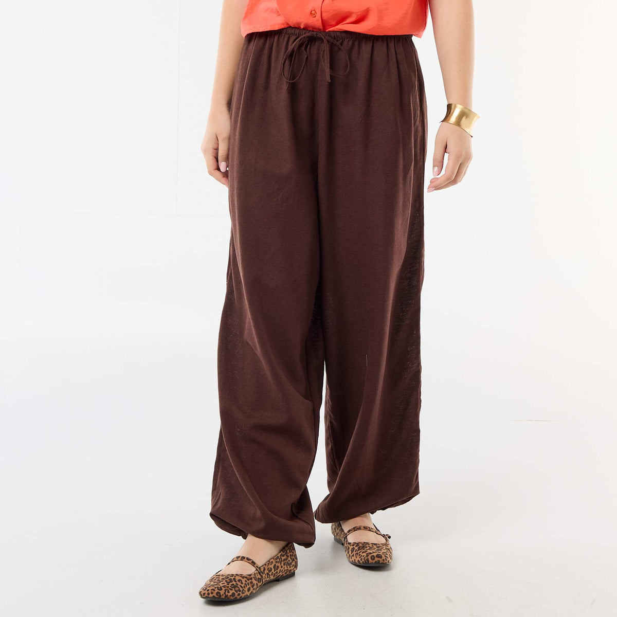 Pantalon large femme taille élastiquée à bas resserré MARRON