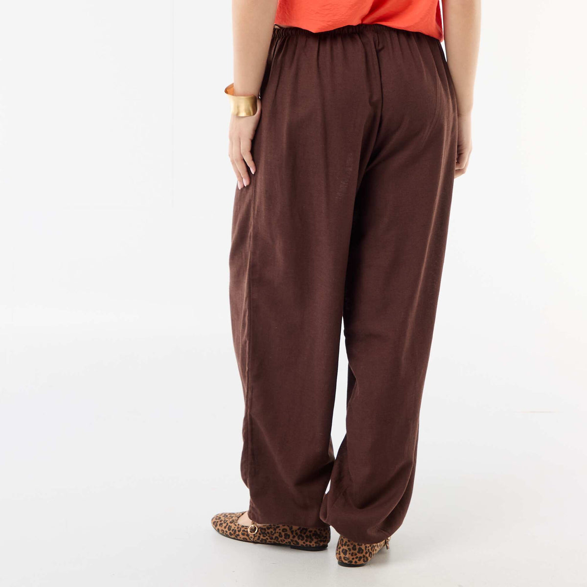 Pantalon large femme taille élastiquée à bas resserré MARRON