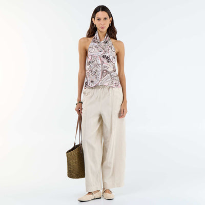 Pantalon en lin femme taille haute BLANC