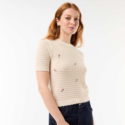 Pull manches courtes à fleurs brodées BEIGE