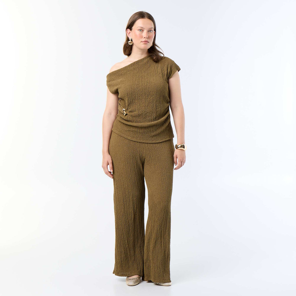 Pantalon large en maille gaufrée KAKI