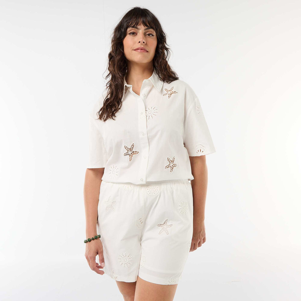 Short en coton à motifs ajourés BLANC