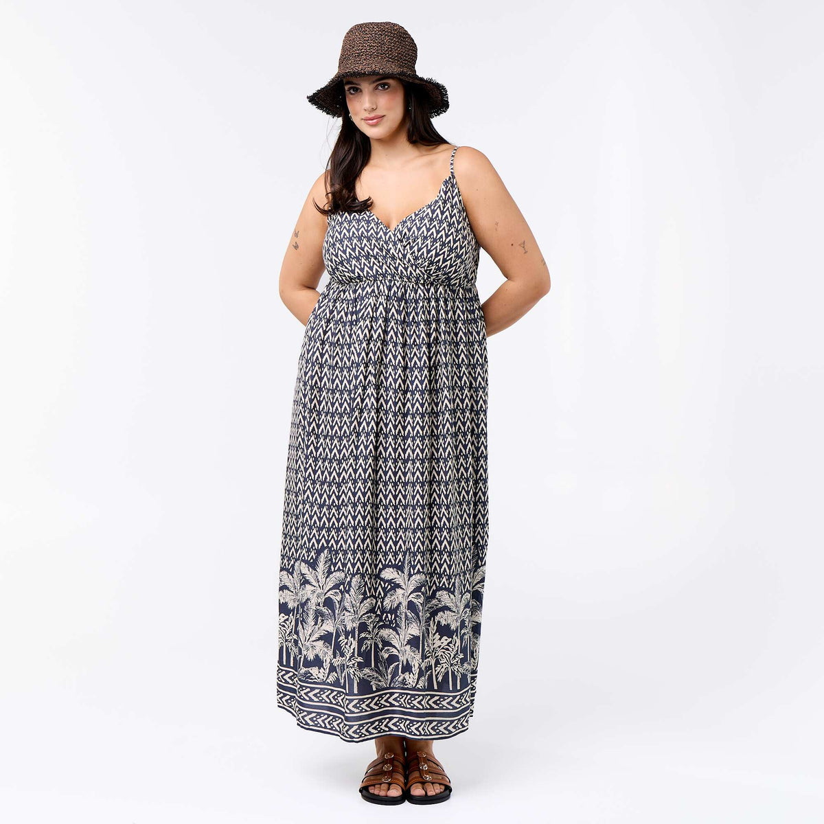 Robe midi à motif avec fines bretelles réglables GRIS