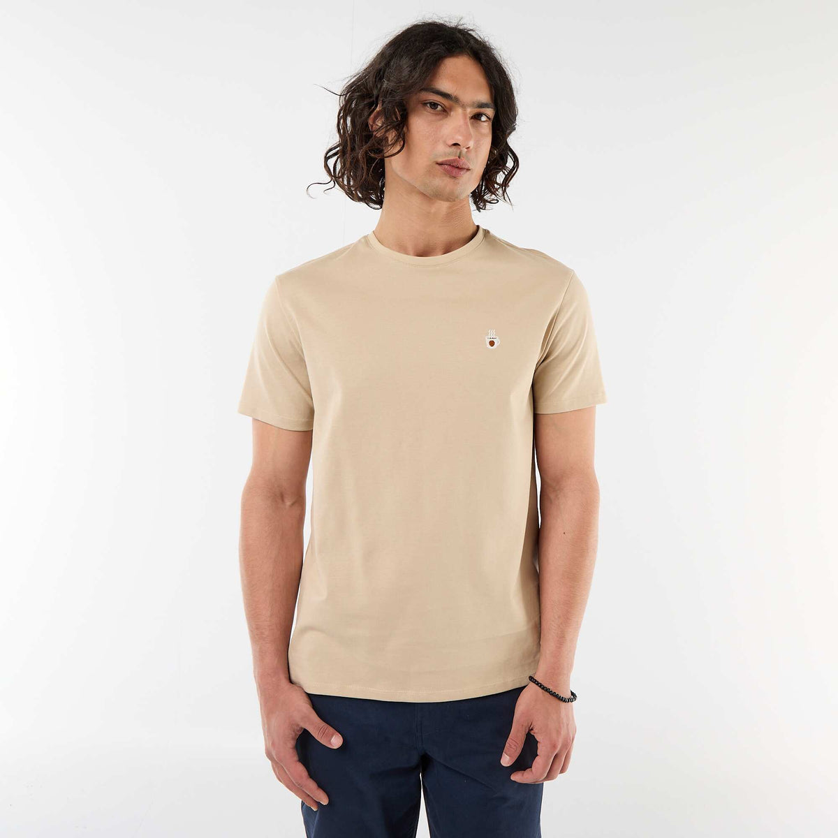 T-shirt uni à manches courtes avec broderie BEIGE