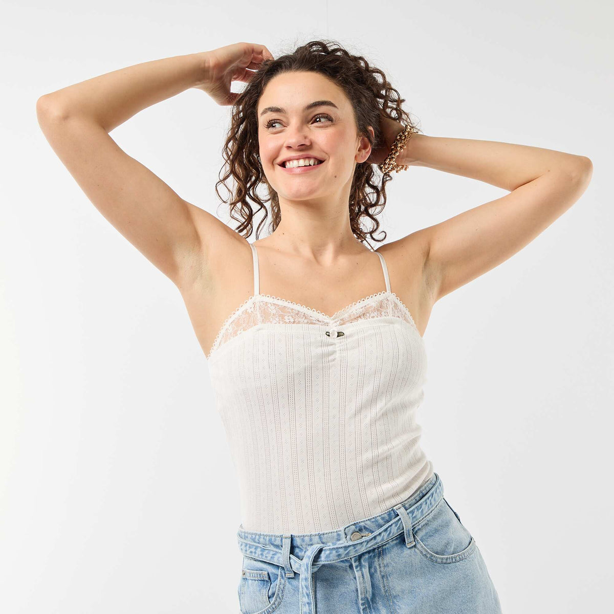 Débardeur maille pointelle et dentelle BLANC