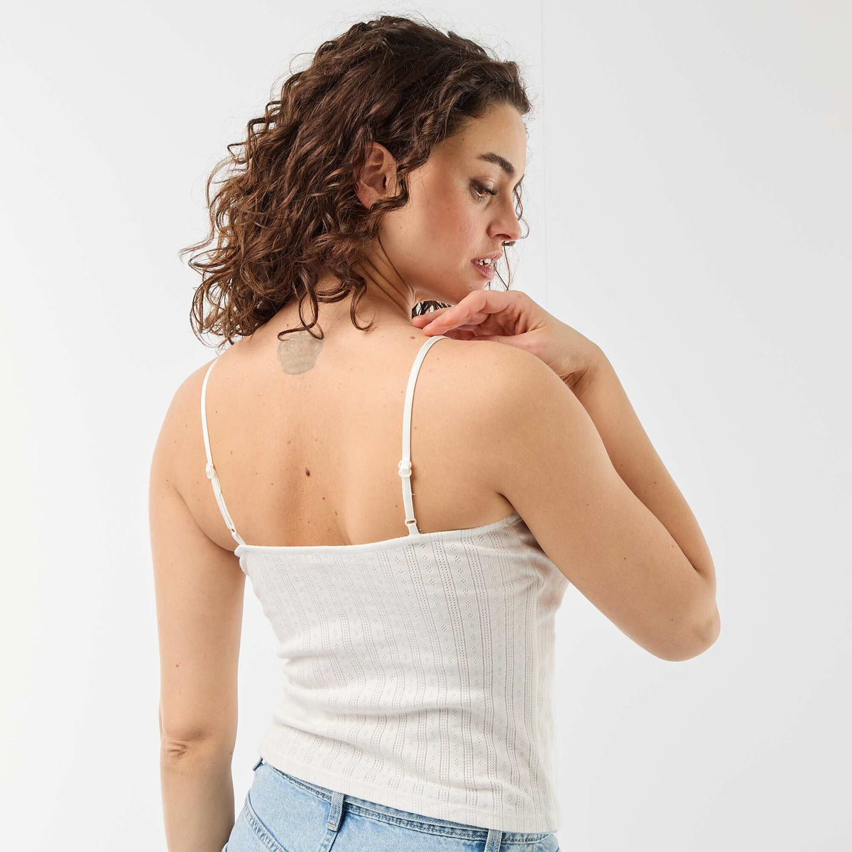 Débardeur maille pointelle et dentelle BLANC