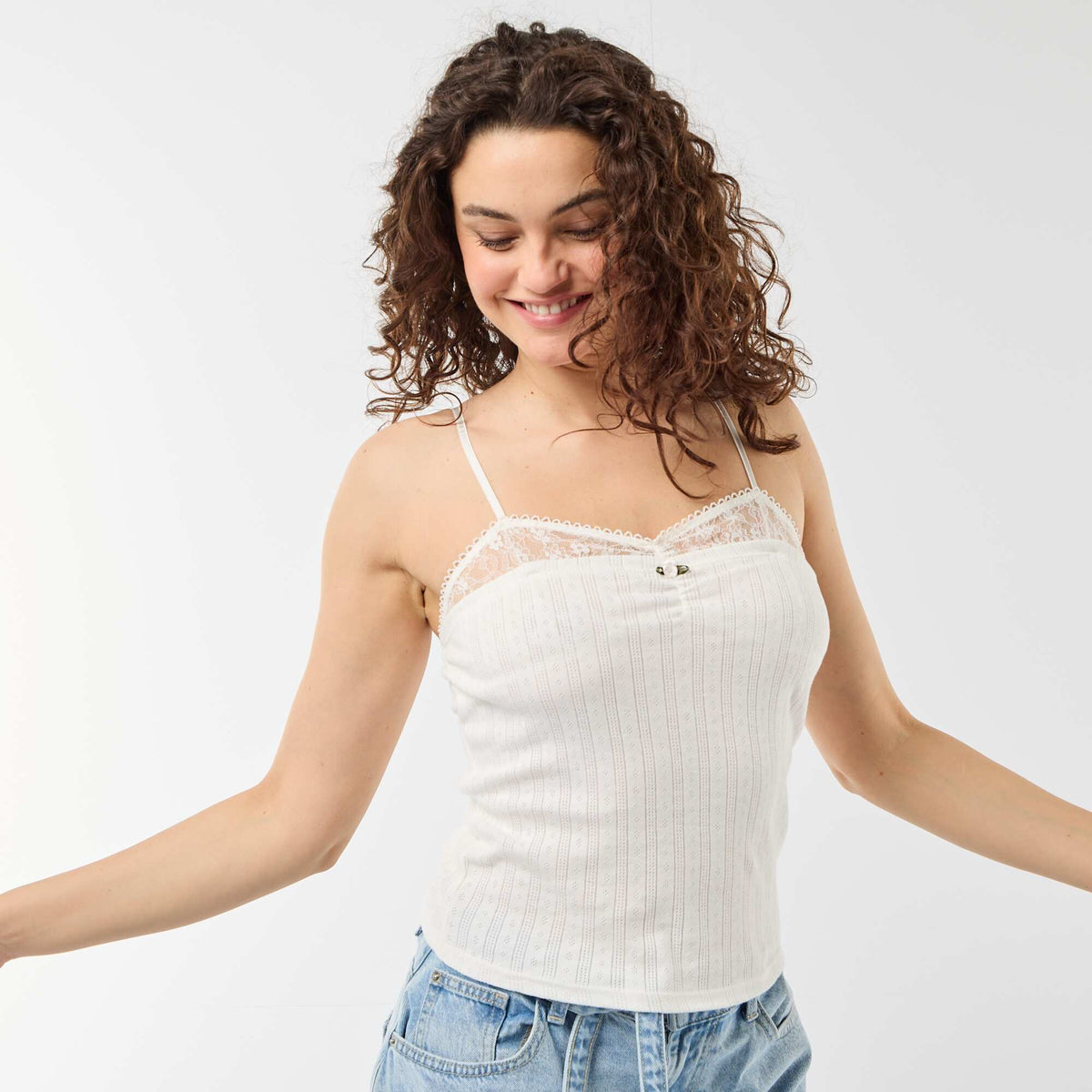 Débardeur maille pointelle et dentelle BLANC