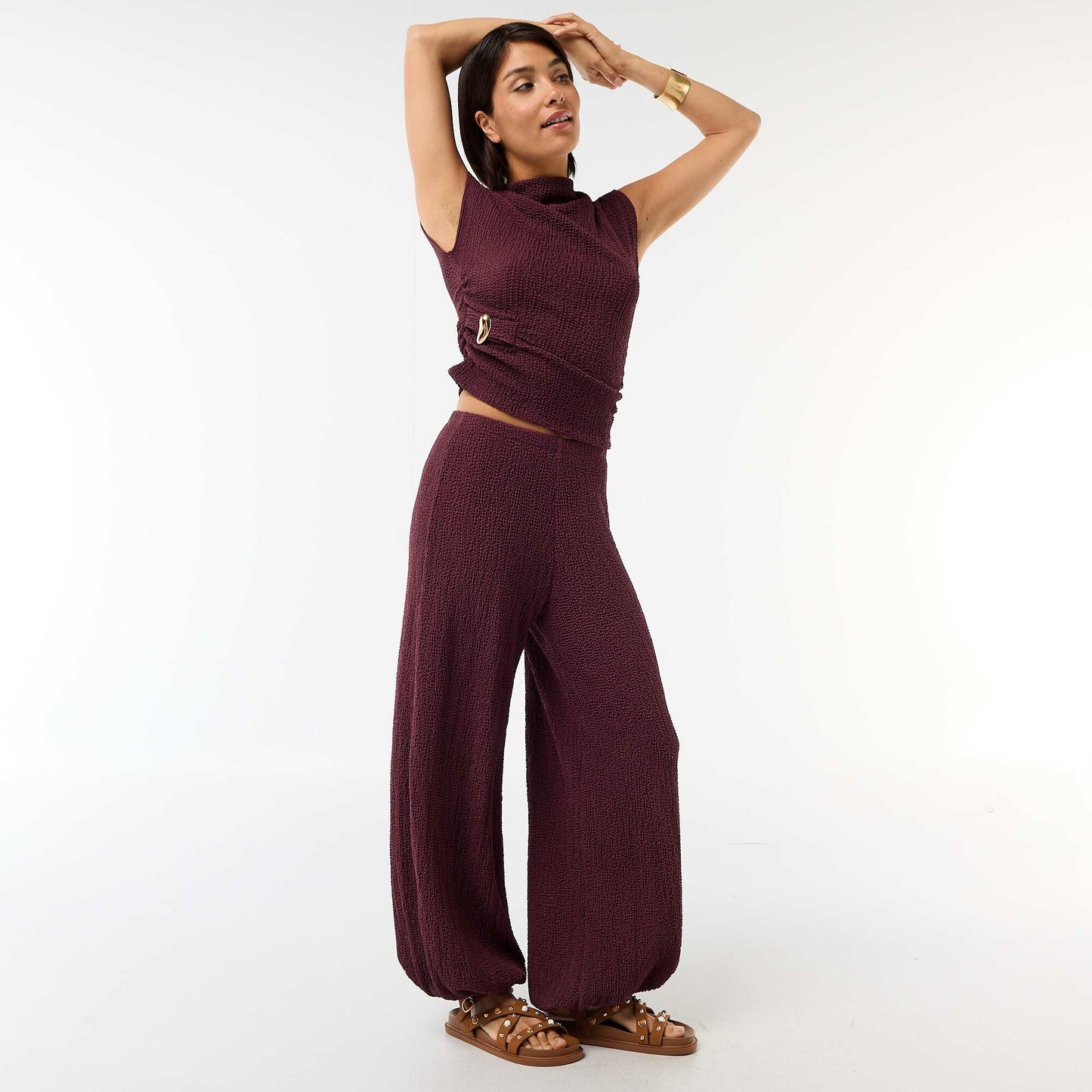 Pantalon femme en maille crinkle forme balloon VIOLET