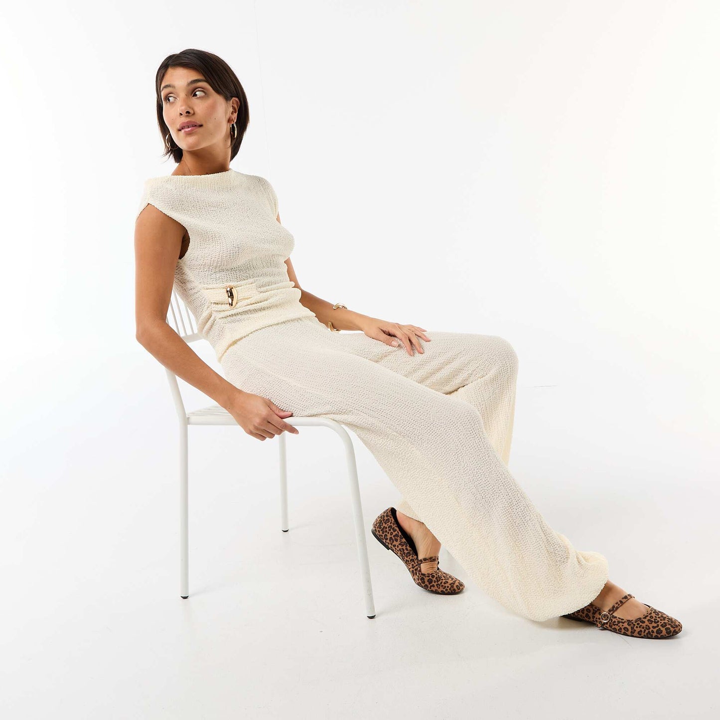 Pantalon femme en maille crinkle forme balloon BLANC