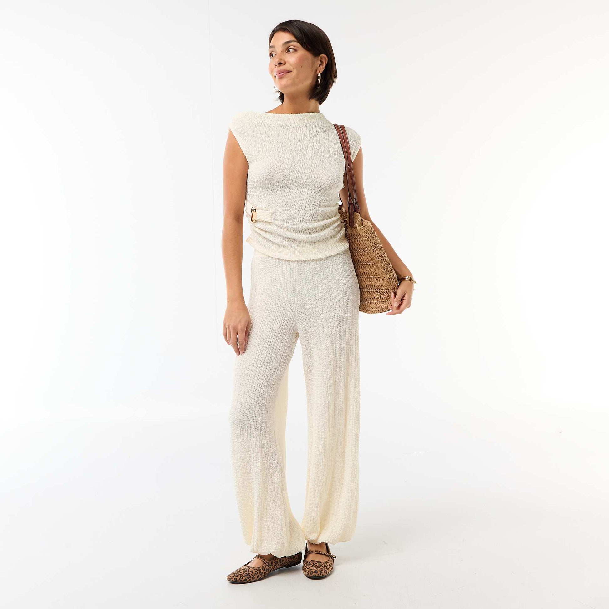 Pantalon femme en maille crinkle forme balloon BLANC