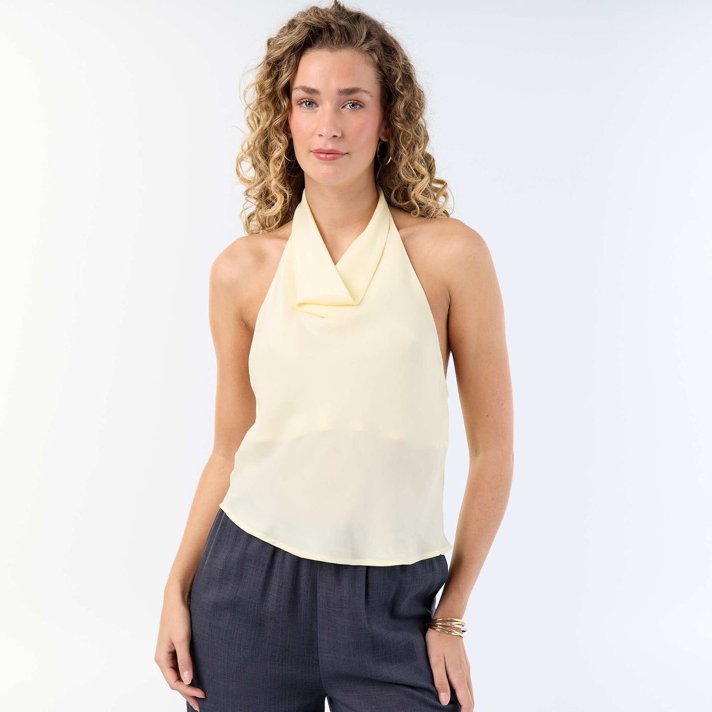 Top stretch asymétrique matière satinée JAUNE