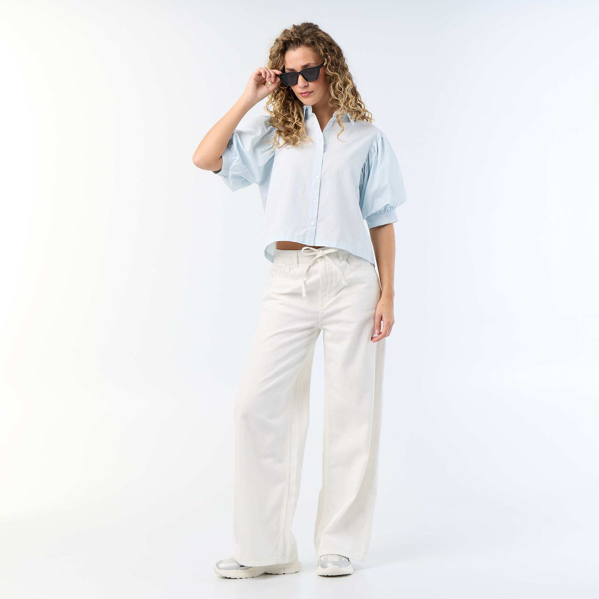 Chemise à manches courtes forme ballon BLEU