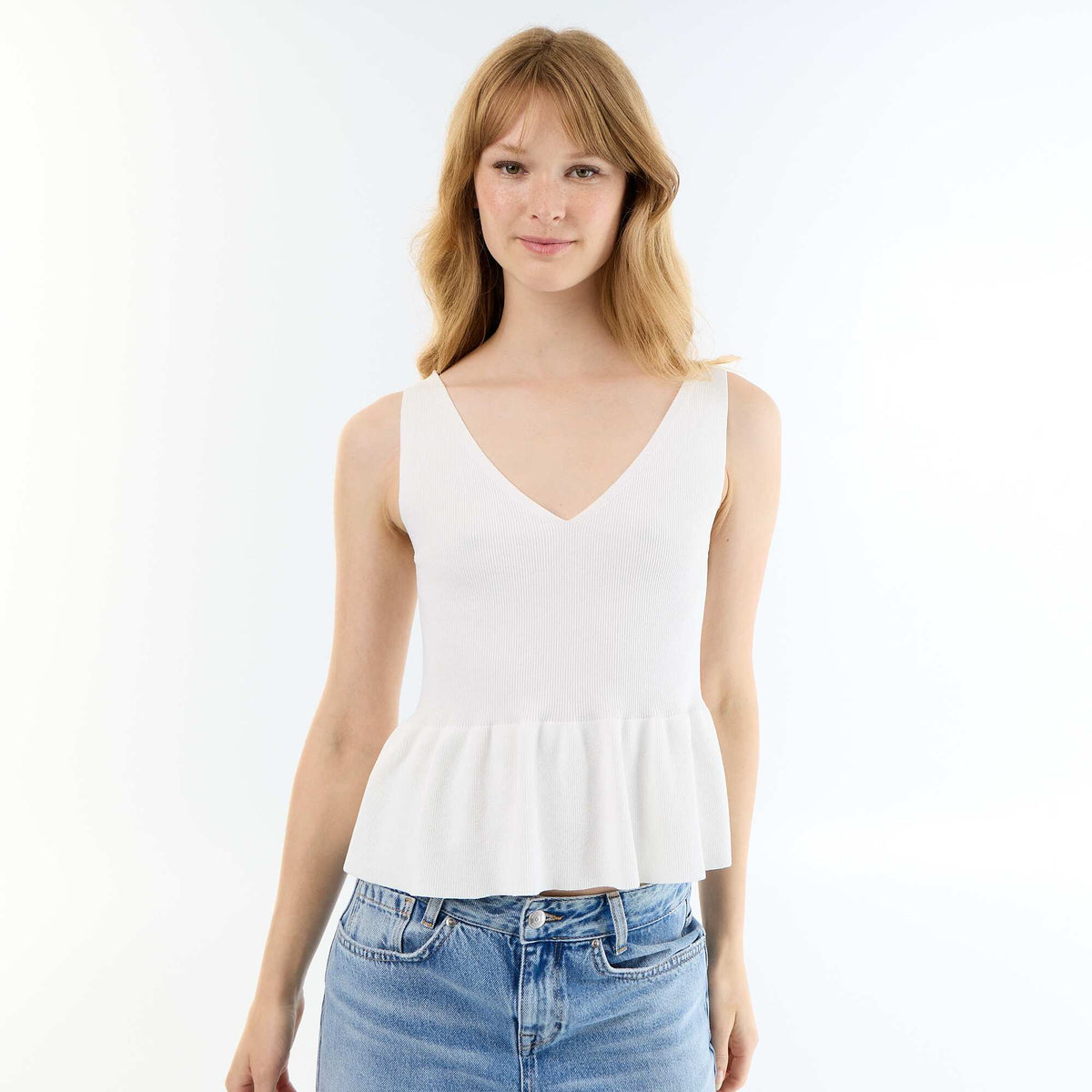 Débardeur peplum en maille côtelée BLANC