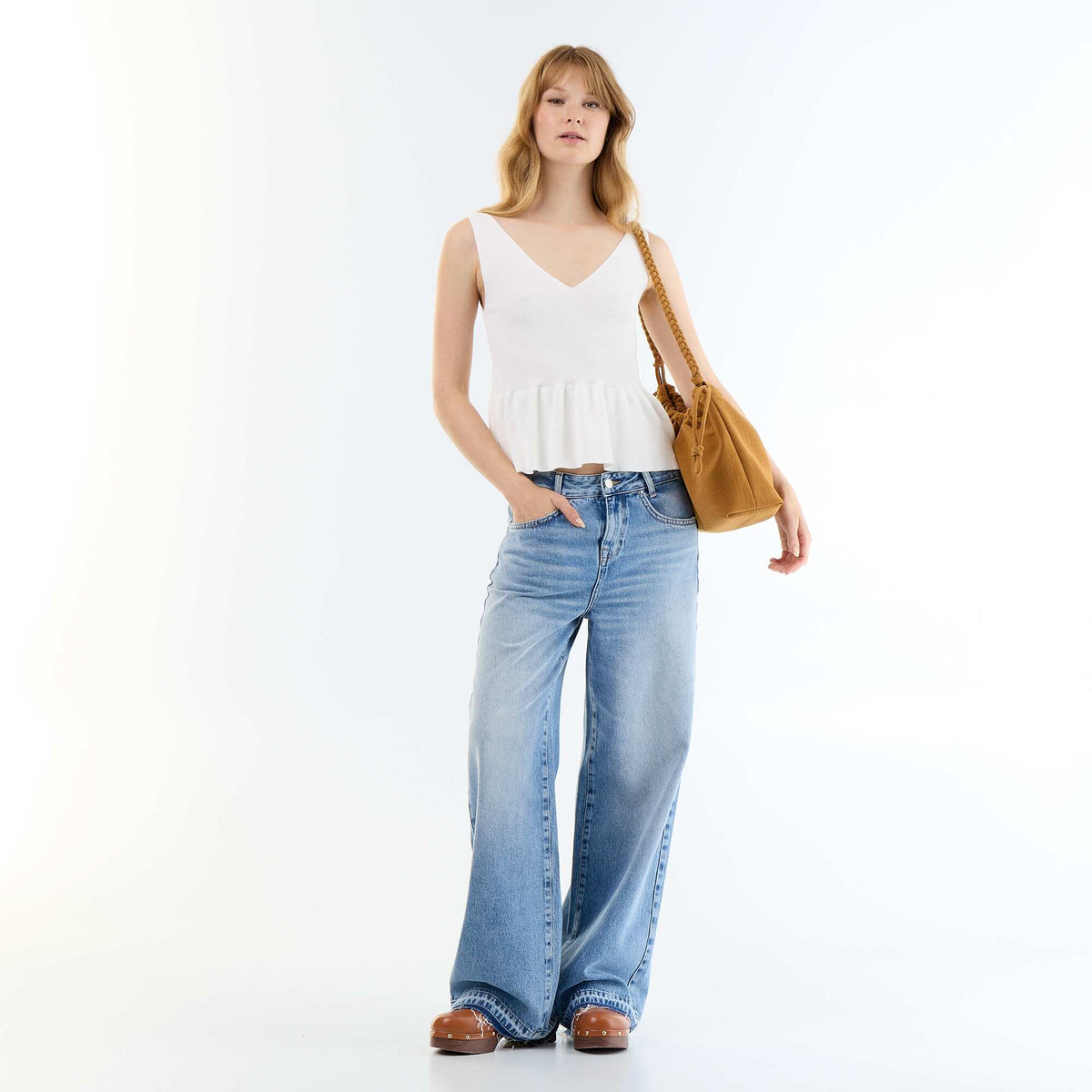 Débardeur peplum en maille côtelée BLANC