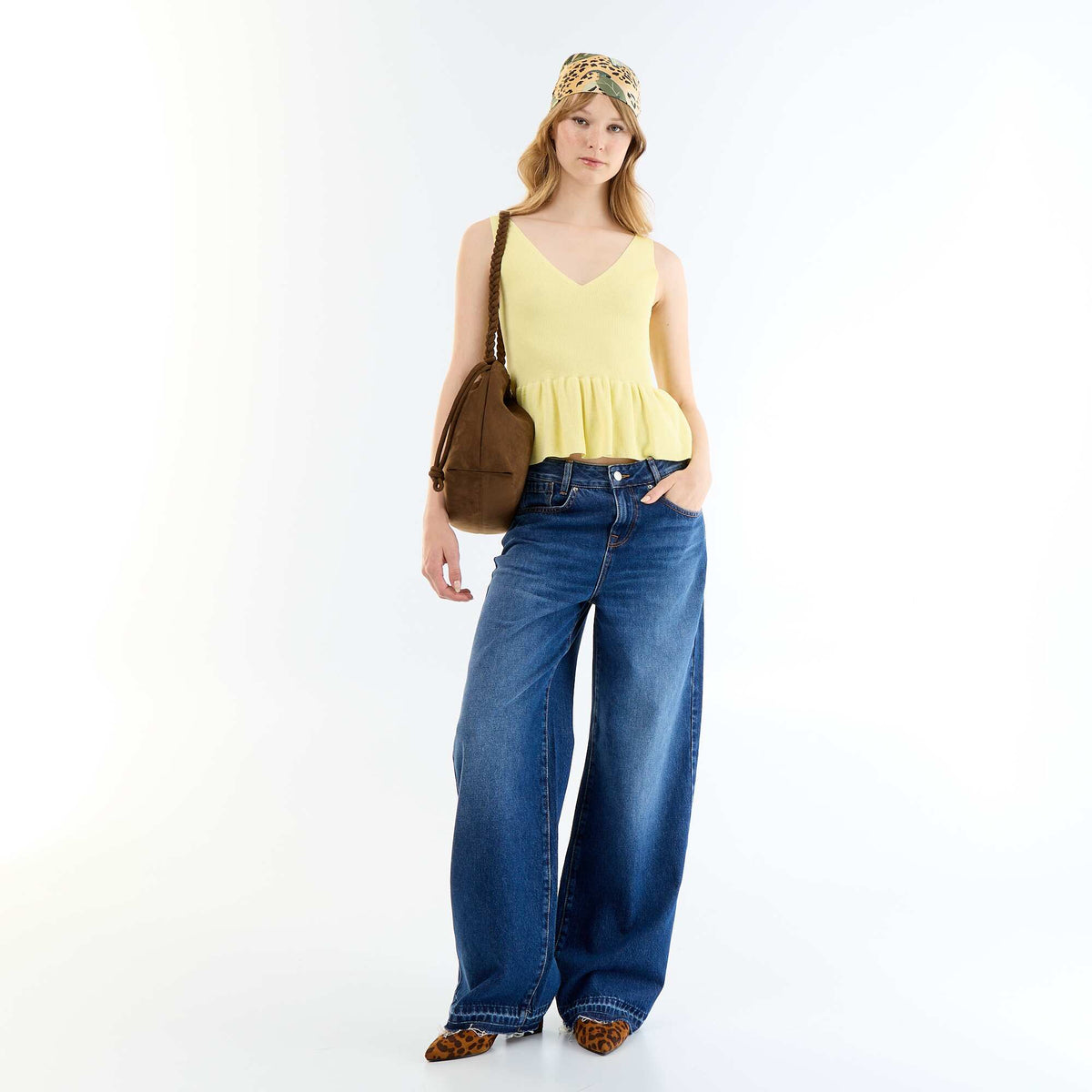 Débardeur peplum en maille côtelée JAUNE
