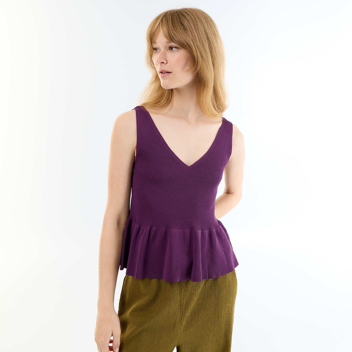 Débardeur peplum en maille côtelée VIOLET