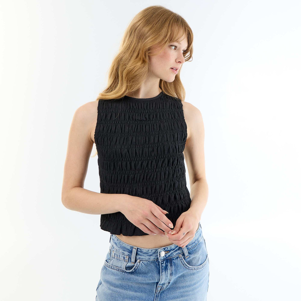 Top en maille gaufrée sans manches NOIR