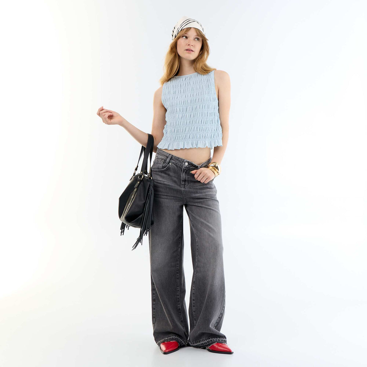 Top en maille gaufrée sans manches BLEU