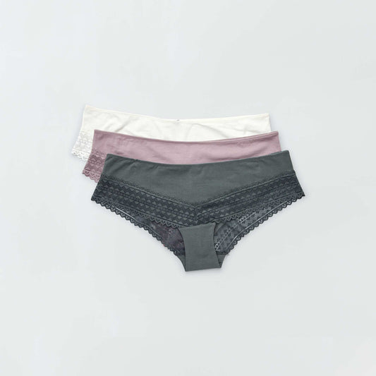 Lot de 3 shorty avec dentelle rose grisé/écru/vert